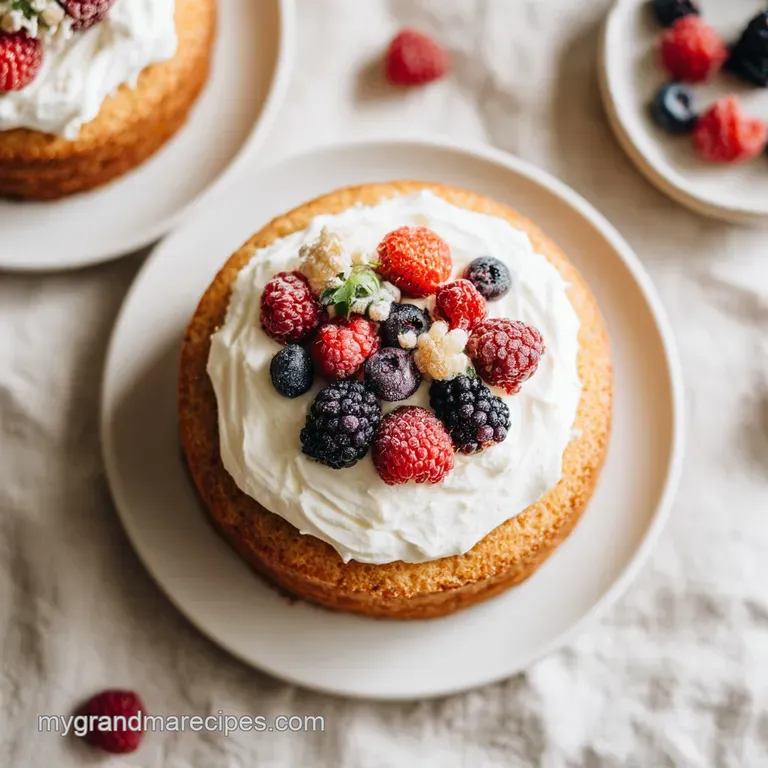 Two fluffy cream cakes with a dusting of sugar, elegantly arranged on a plate next to a fork.