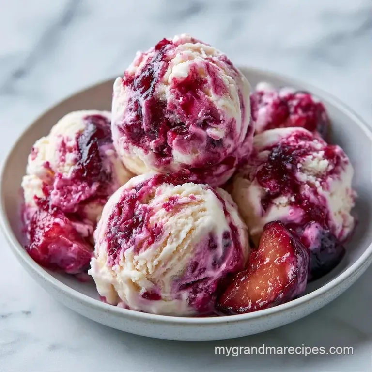 A single scoop of pale cream frozen dessert topped with a sliced fresh plum and mint leaf on a frosted glass plate.