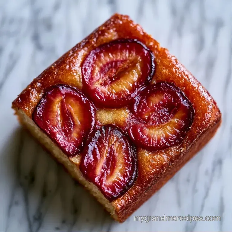 A clean slice of golden sponge topped with a juicy plum, served on a white plate with a side of fresh cream.