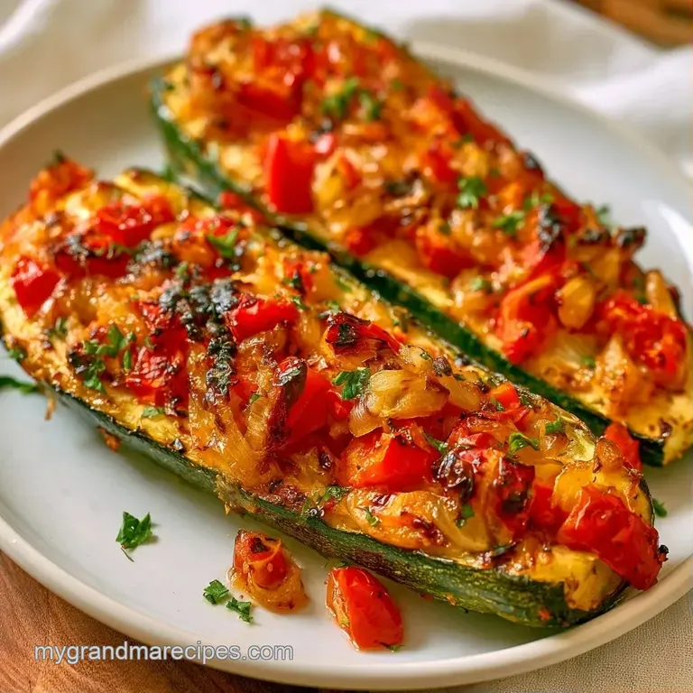 Elegant zucchini boats with a toasted golden crust and fresh herbs, arranged neatly on a minimalist matte grey plate.