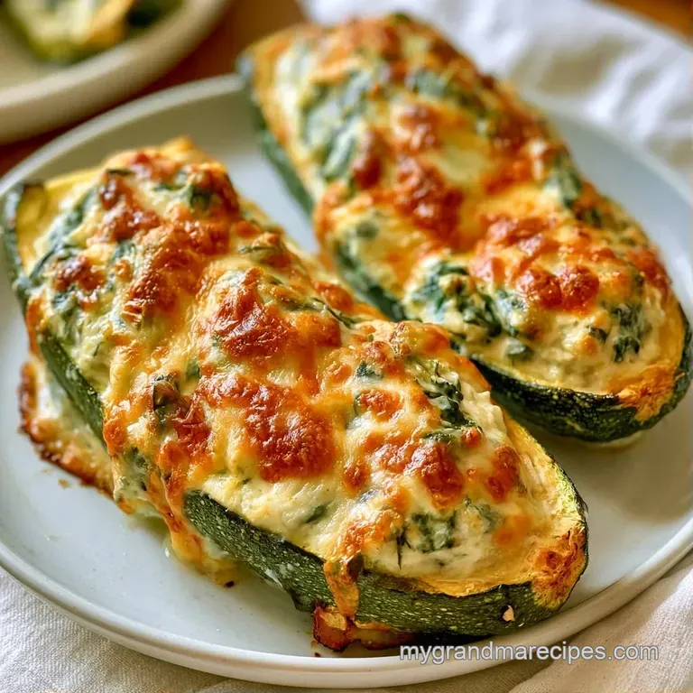 Three stuffed zucchini boats on a ceramic platter, topped with melted cheese and a sprinkle of fresh green parsley.