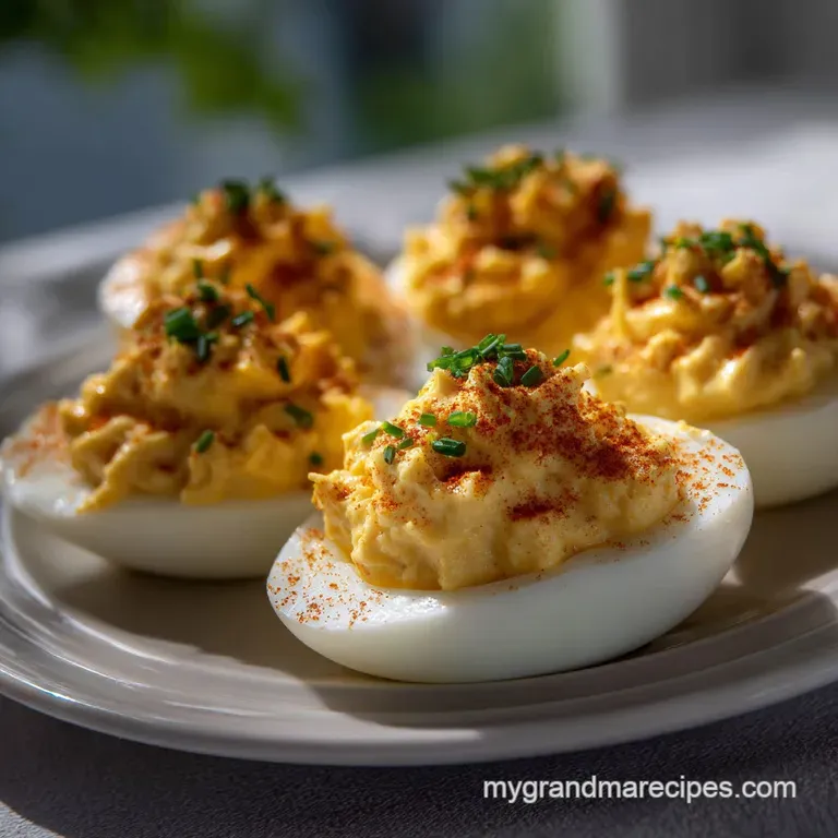 Creamy deviled eggs, delicately piped into egg white halves, sit on a bed of fresh greens, a classic appetizer presented w...