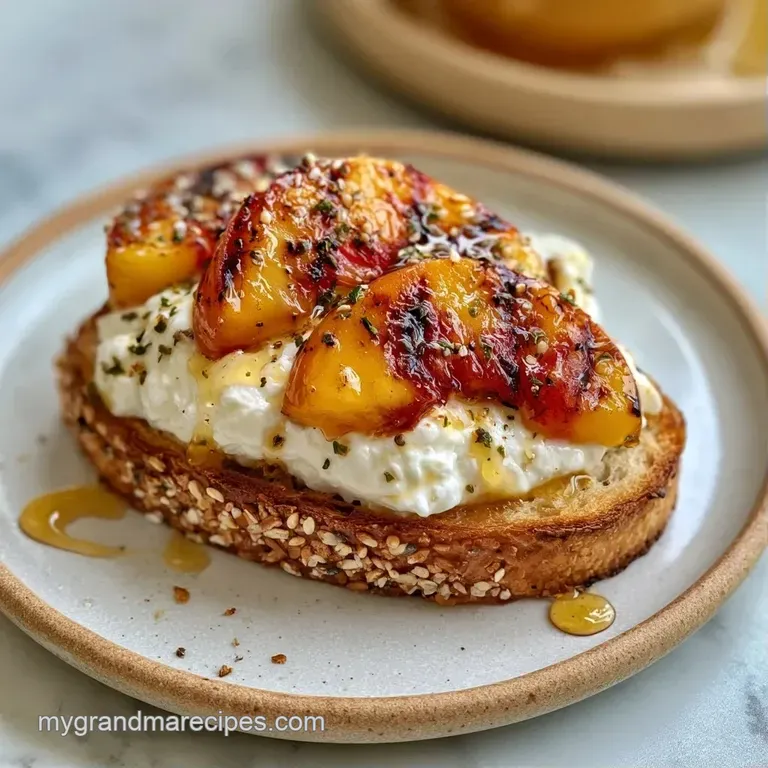 Slices of charred yellow peaches on golden toast arranged on a white ceramic platter with fresh mint leaf accents.