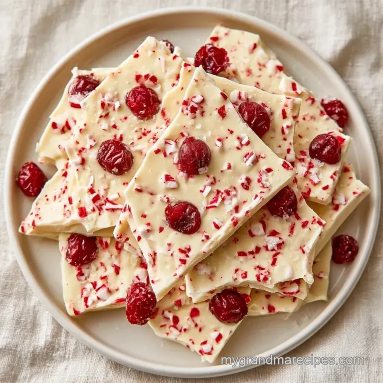 Broken shards of creamy white chocolate and red mint pieces artfully arranged on a modern white ceramic platter.