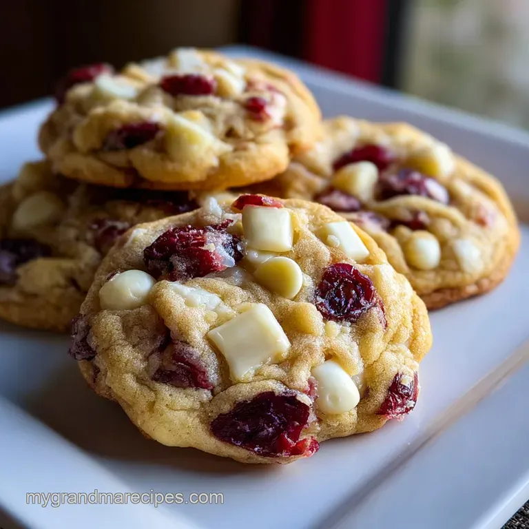 Stack of soft, chewy white chocolate cranberry cookies dusted with powdered sugar on a delicate plate, ready to enjoy.