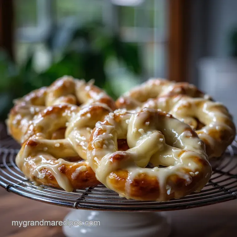Elegant plate of white chocolate pretzels. The glistening white chocolate contrasts with the dark, rustic wood of the serv...