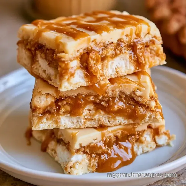 Neatly arranged ivory chocolate squares on a slate platter, accented by swirls of amber caramel and sea salt.