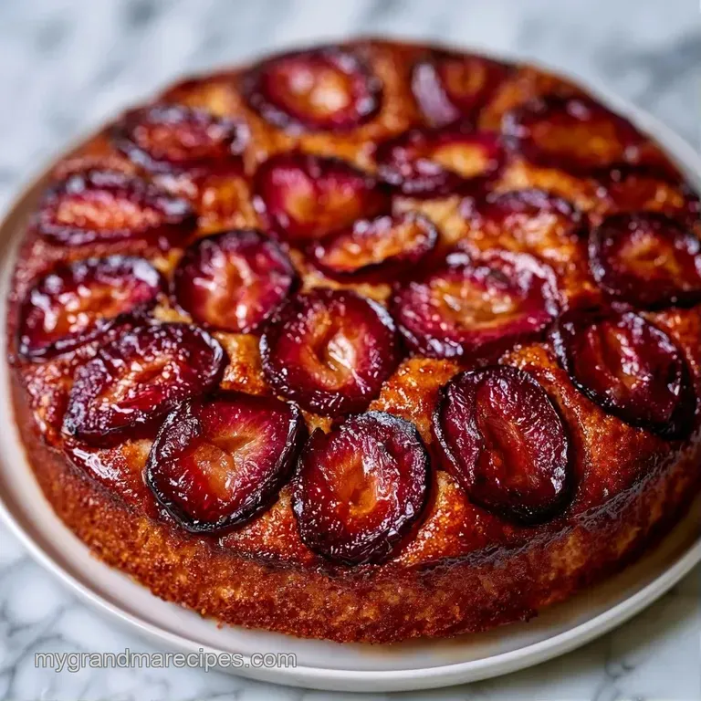 A slice of golden cake topped with jammy purple plums on a white plate, accented by a dollop of thick cream.