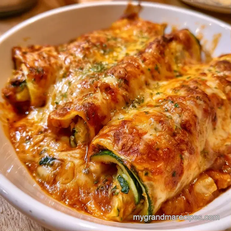 Two cheesy rolled zucchini slices on a white plate with a dollop of sour cream and a sprinkle of fresh cilantro.