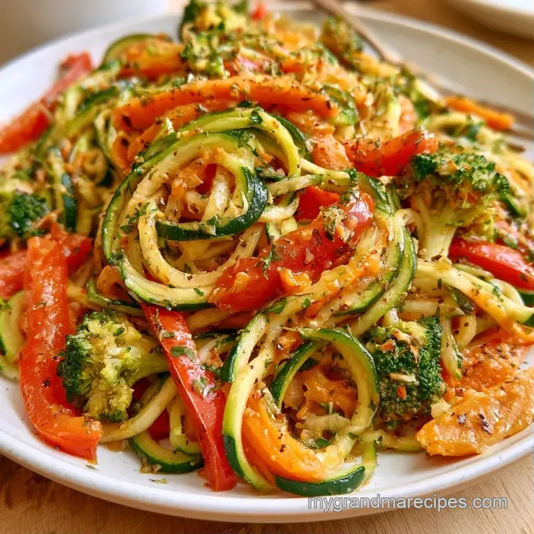 A white ceramic bowl filled with twirled green noodles, orange carrots, and red peppers topped with shaved parmesan.