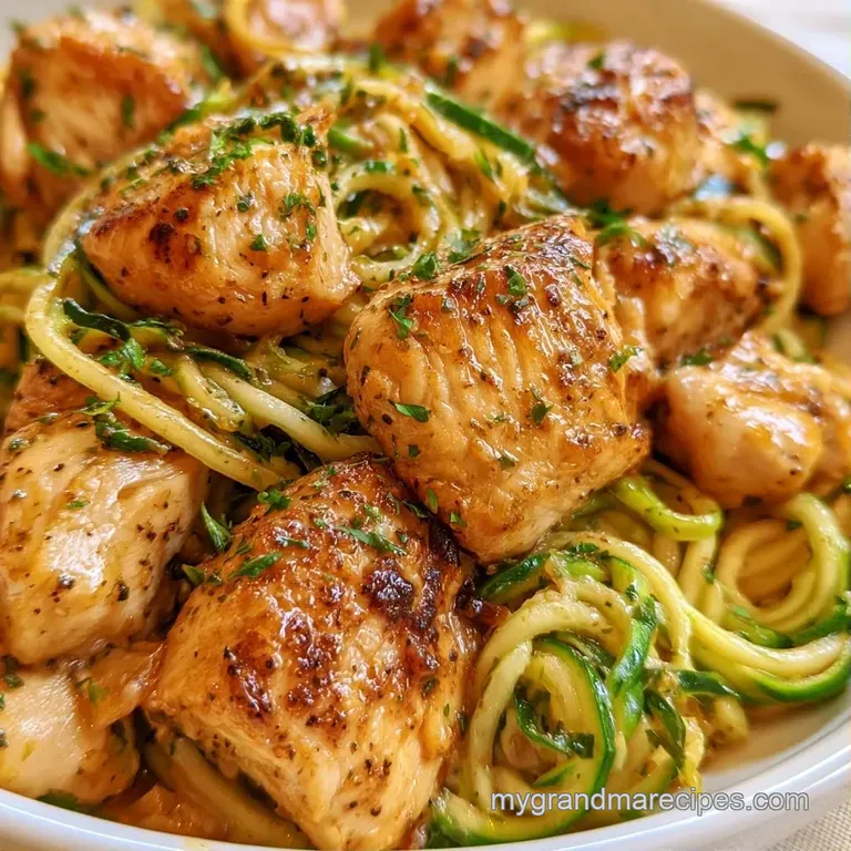 Elegant swirl of bright green vegetable noodles topped with juicy golden chicken on a minimalist white dinner plate.