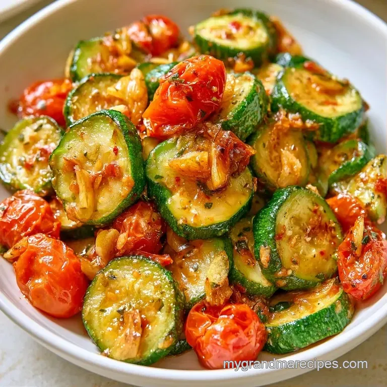Artfully arranged green squash and roasted red tomatoes on a white ceramic plate, garnished with a sprig of basil.