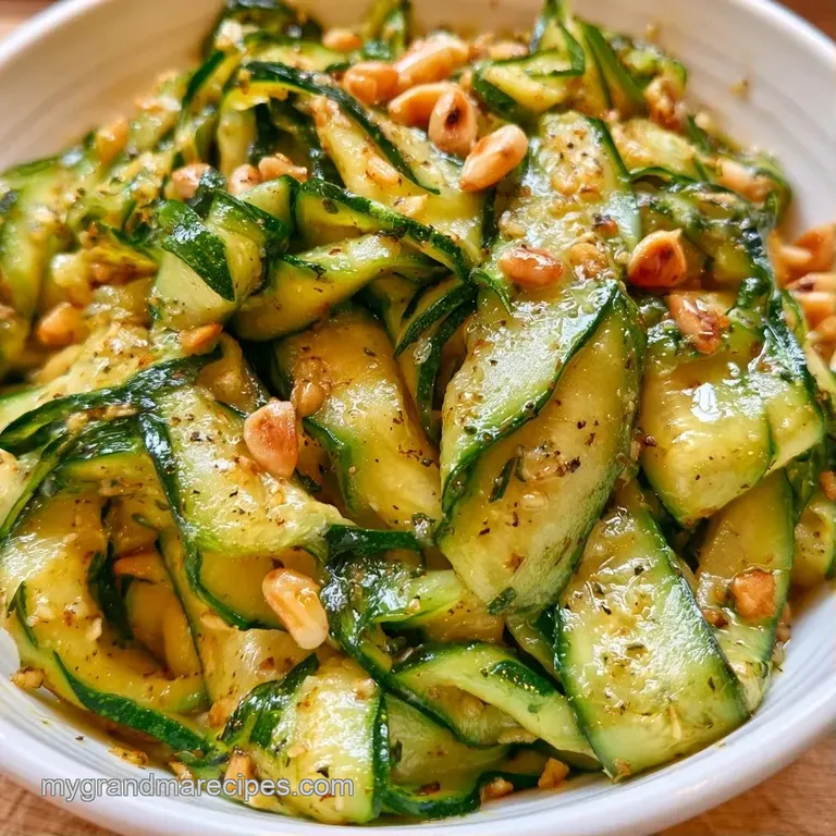 Slices of vibrant green zucchini neatly arranged on a white plate, topped with toasted golden-brown pine nuts.