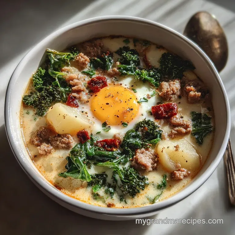 Elegant serving of Zuppa Toscana, garnished with red pepper flakes in a white bowl; inviting steam adds warmth to the scene.